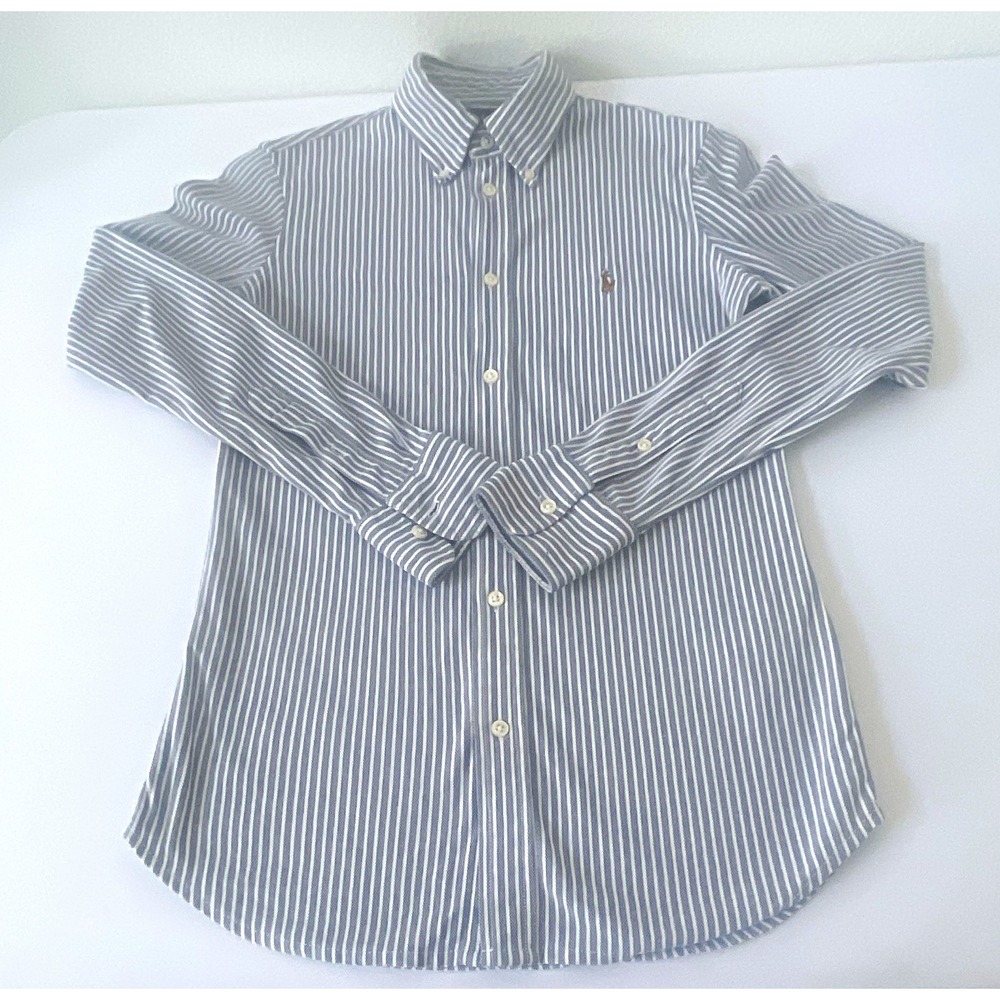 Ralph Lauren Knit Oxford Striped Blue/White Button-Down Shirt Woman's M
